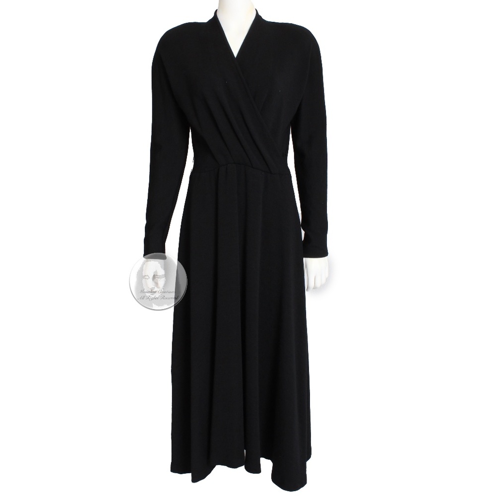 Vintage Black Wool Dress 80s Big Shoulders Cinched Waist Flowing Skirt LBD M/L